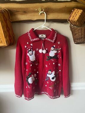 Tiara International Vintage Christmas Snowman Frosty Red Cardigan Sweater S